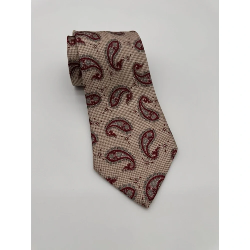 Ermenegildo‎ Zegna Silk Tie Beige Red Paisley Italy Luxury Designer Classic